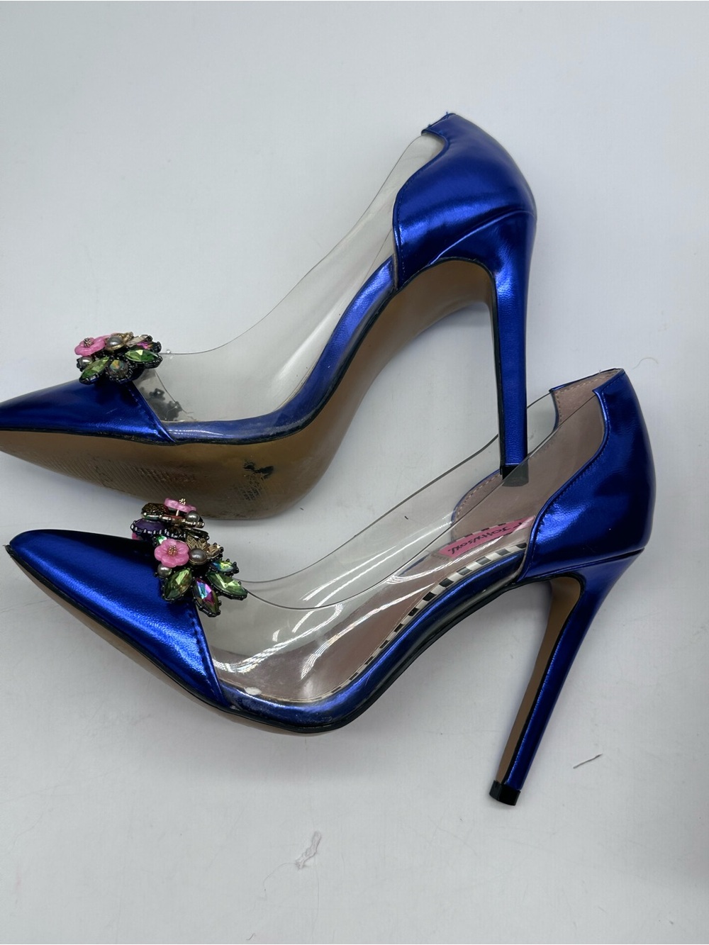 Betsey Johnson Metallic Royal Blue Pointed Toe Pumps with Floral Jewels - Picture 7 of 13